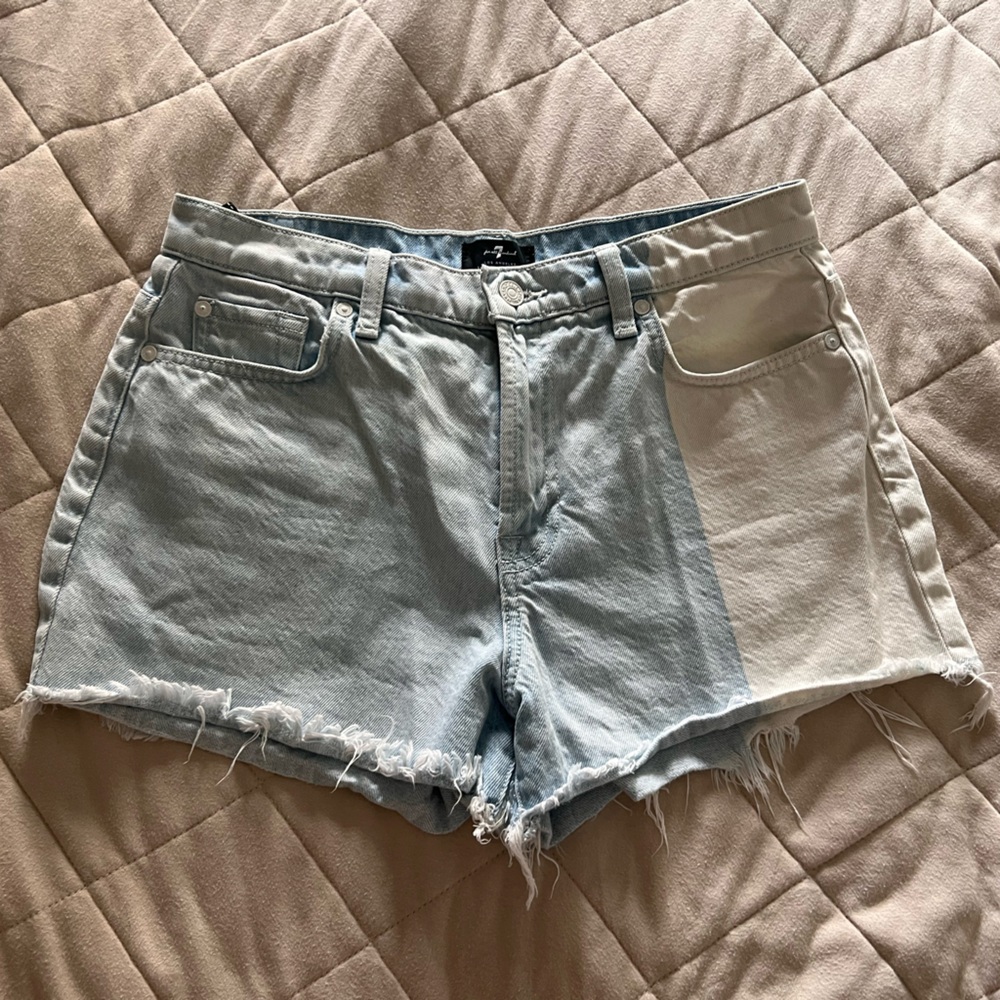 7 For All Mankind Blue and Cream High Waisted Jean Shorts